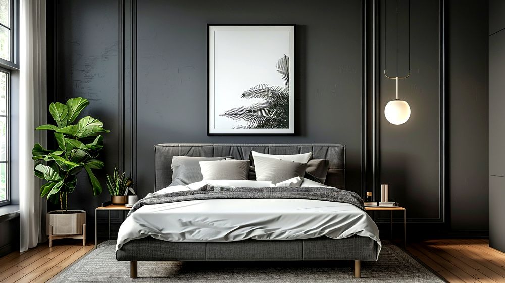 Foto de un dormitorio moderno con una recámara minimalista y estilizadas paredes, manteniendo el color gris oxford en la totalidad de la decoración del espacio.