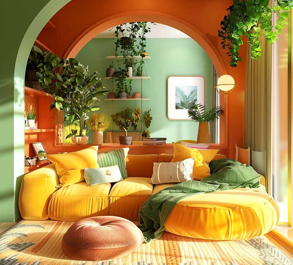 La imagen muestra un estancia que combina paredes y muebles de colores vivos como el naranja y el amarillo, con una decoración natural en la que abundan las plantas decorativas.