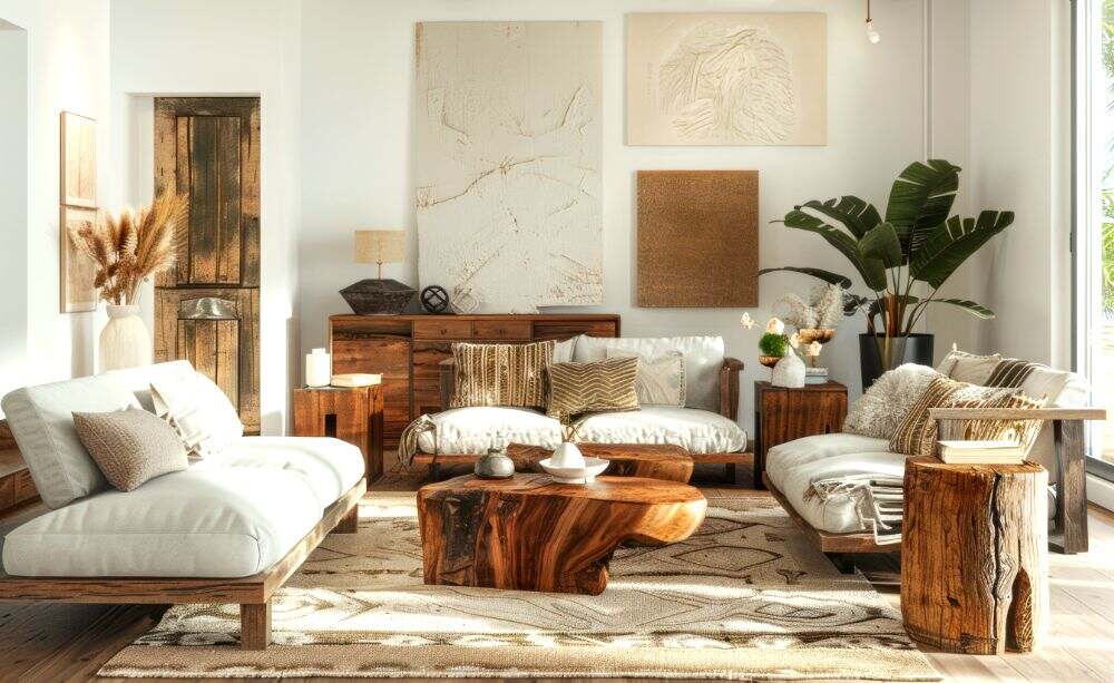 Foto de una estancia que combina un estilo rústico con algunos detalles minimalistas, en la que puede apreciarse una sala completa fabricada con bases de madera natural, además de varias mesitas fabricadas a partir de troncos.