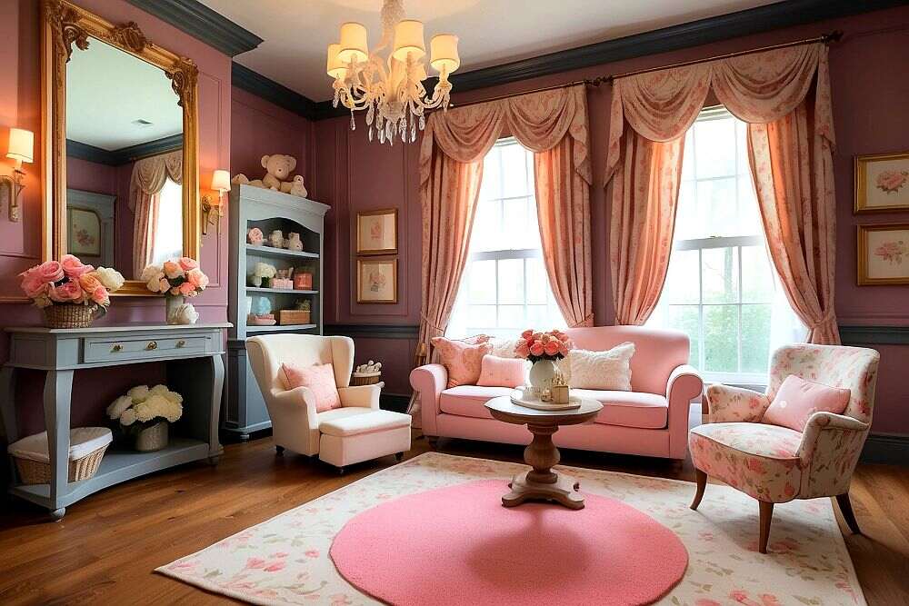 La foto presenta una estancia con un refinado diseño romántico, en el que resaltan sus muebles de diseño clásico en diferentes tonos rosados.