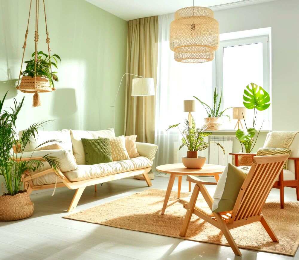 Sala de estar luminosa y acogedora con muebles de madera clara, plantas y decoración natural.