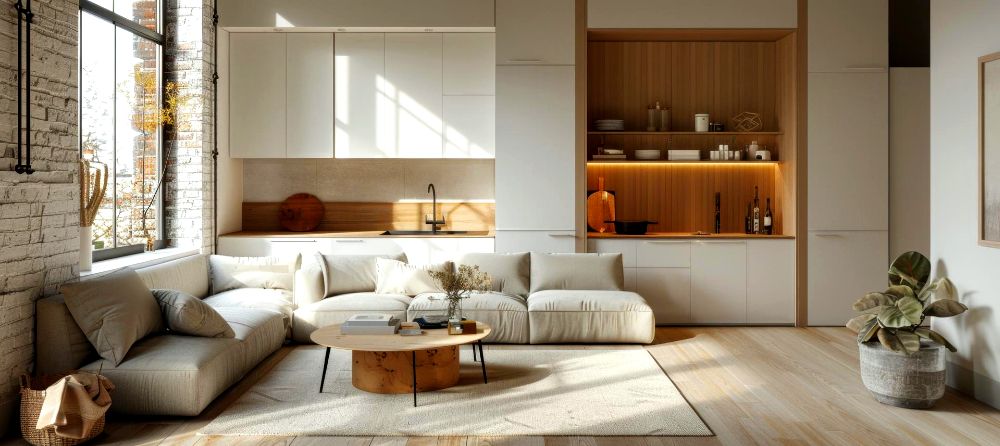 Fotografía de una sala moderna y luminosa con sofá beige, mesa de centro de madera y cocina integrada.