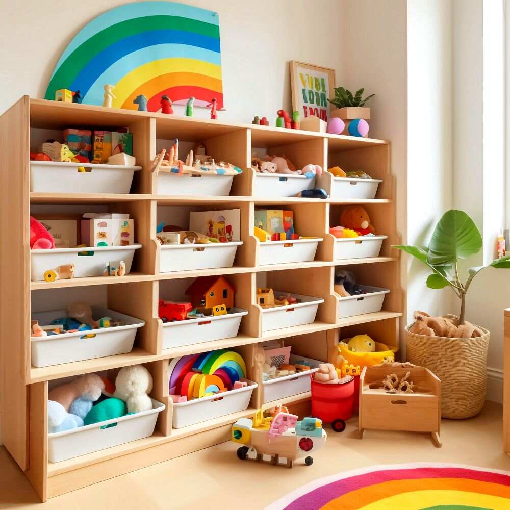 Foto de un mueble de madera natural para almacenar juguetes con una amplia cantidad de estantes con canastas de plástico.