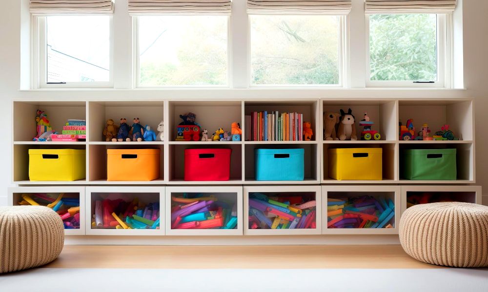 La foto muestra un mueble de madera con una amplia variedad de estantes, en los que vemos varios juguetes libros e incluso una gran variedad de cajas organizadoras de colores.