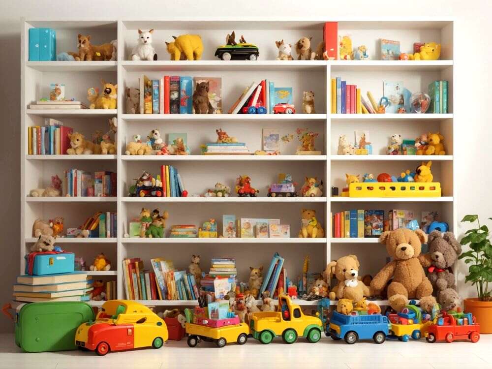 Foto de un gran mueble juguetero con una gran variedad de estantes con libros y juguetes perfectamente bien organizados y ordenados.