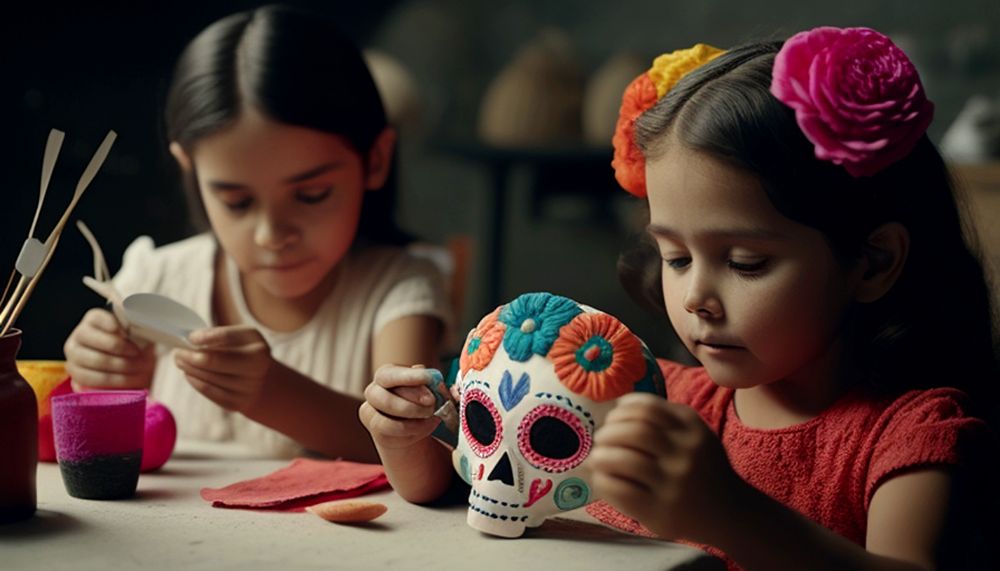 niños decorando calaveras
