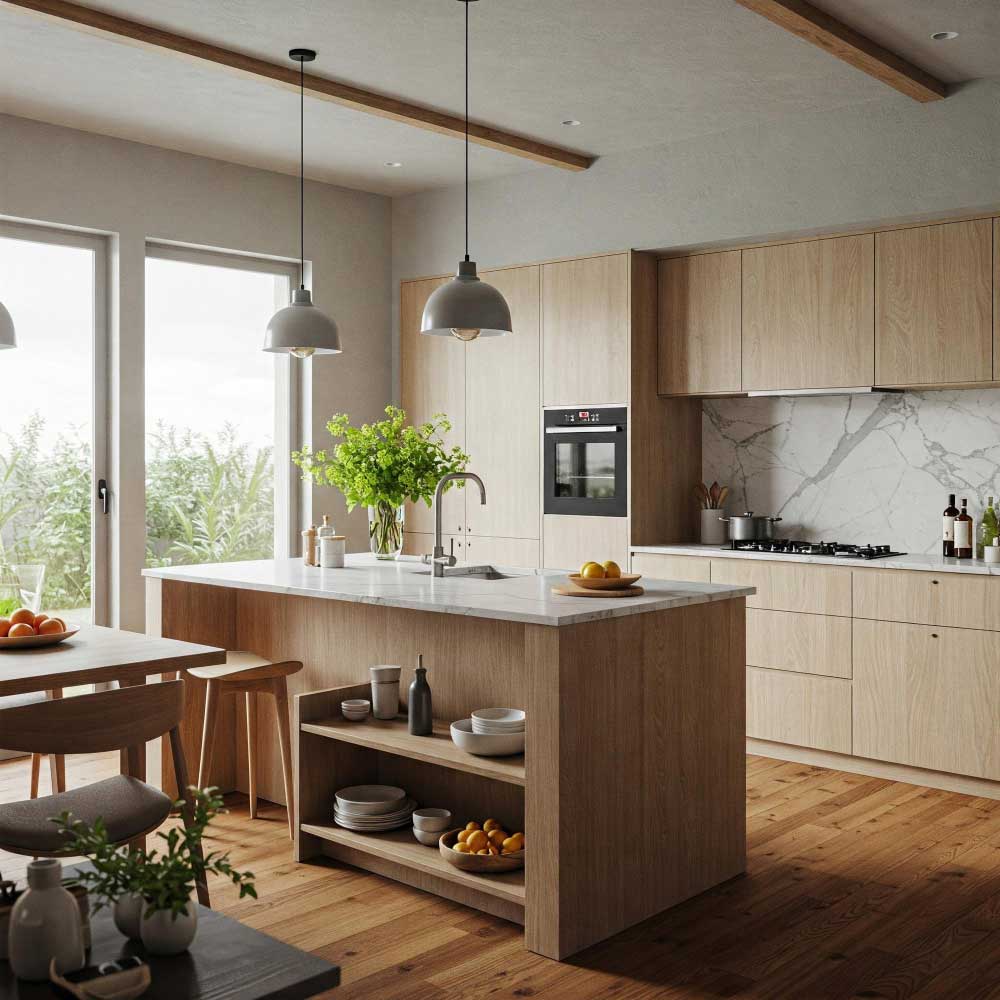 La imagen presenta una cocina con abundante luz natural y vista frontal ligeramente en ángulo. La isla central, elaborada en madera clara con estantería abierta, se combina con una encimera de mármol blanco y grifería moderna. El fondo muestra una pared con cubierta de mármol tipo veta gris, estufa empotrada y gabinetes en tonos cálidos, logrando un ambiente cálido, orgánico y contemporáneo.