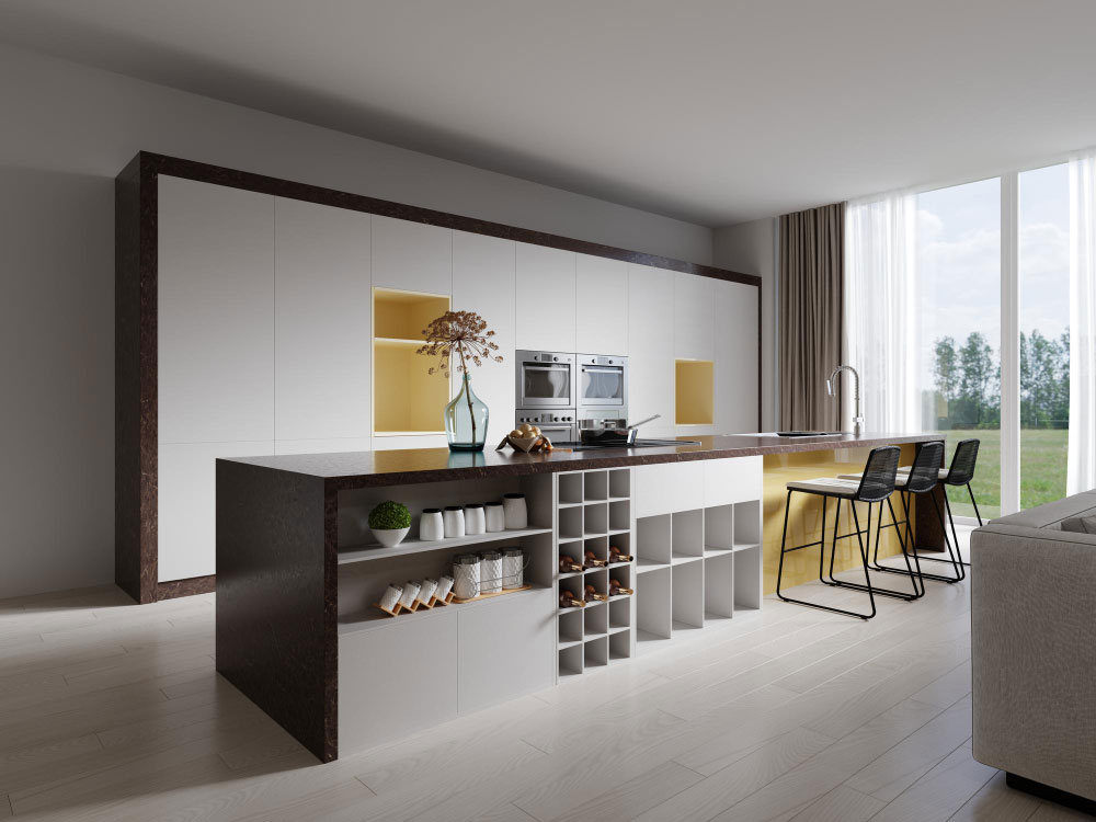 Esta imagen muestra una cocina contemporánea con una isla multifuncional en tonos marrón oscuro y blanco, equipada con cava para botellas, entrepaños decorativos y barra desayunadora con espacio para tres bancos. Al fondo, el mueble empotrado en blanco mate resalta con nichos en color amarillo y electrodomésticos en acero inoxidable. La vista lateral permite apreciar cómo se integra la isla con el área social, aprovechando al máximo la luz natural proveniente de los ventanales.