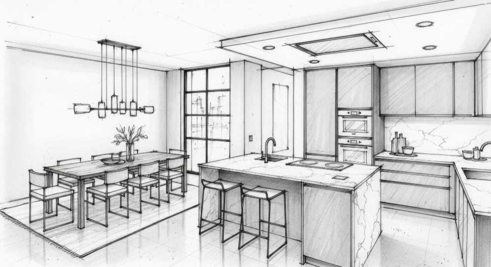 La imagen muestra un elegante boceto en blanco y negro que representa una cocina moderna con isla central y un comedor integrado. La perspectiva amplia permite apreciar la distribución abierta, los muebles minimalistas y las líneas limpias que definen el espacio. La isla cuenta con tarja, parrilla y espacio para desayunador, mientras que el comedor para ocho personas queda perfectamente integrado al diseño. El estilo contemporáneo se refuerza con superficies lisas y mármol simulado en las cubiertas. Ideal como inspiración para proyectos residenciales.