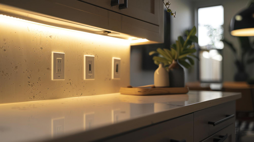 Bancada de cozinha com iluminação e decorações modernas