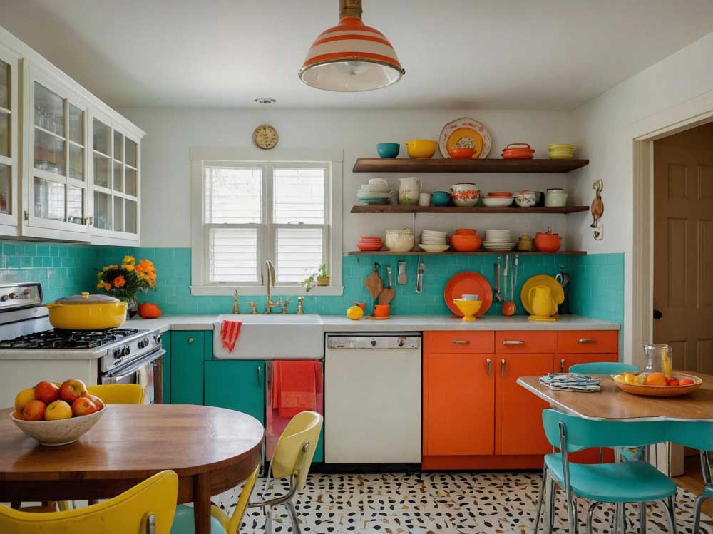 Cozinha moderna colorida com detalhes em azul e laranja