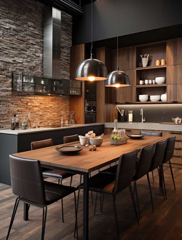 Cozinha moderna com mesa de madeira e luminárias pendentes