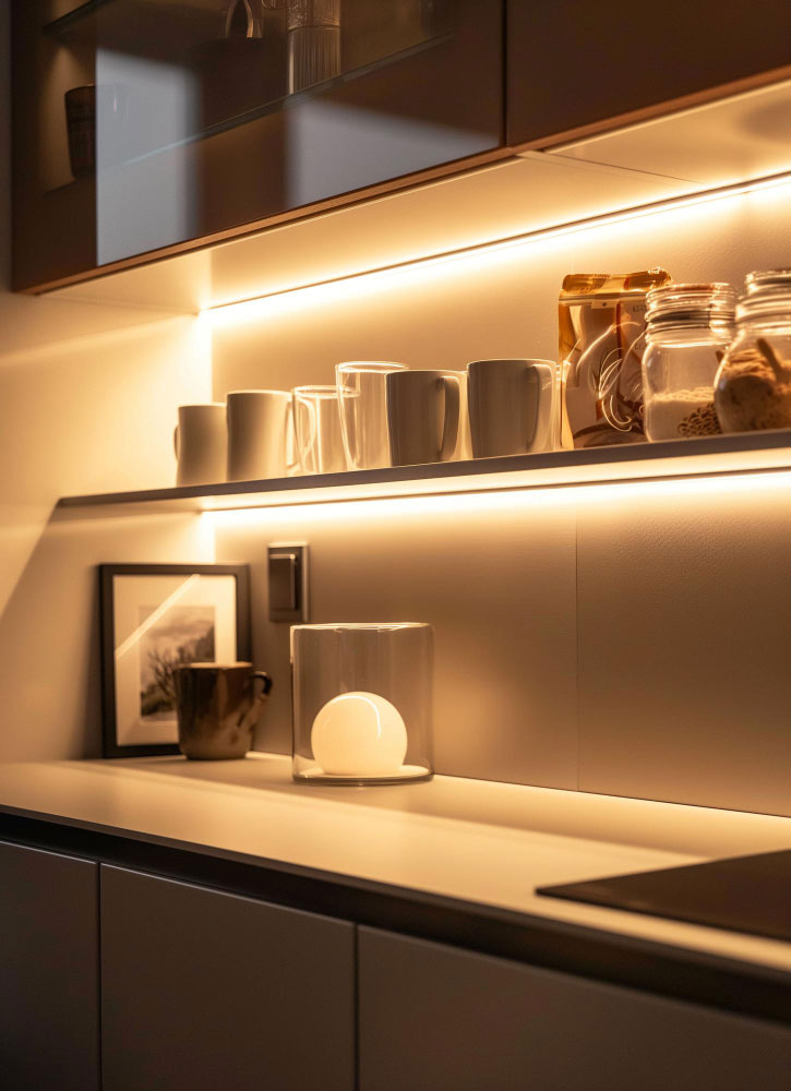 Cozinha moderna com prateleiras iluminadas