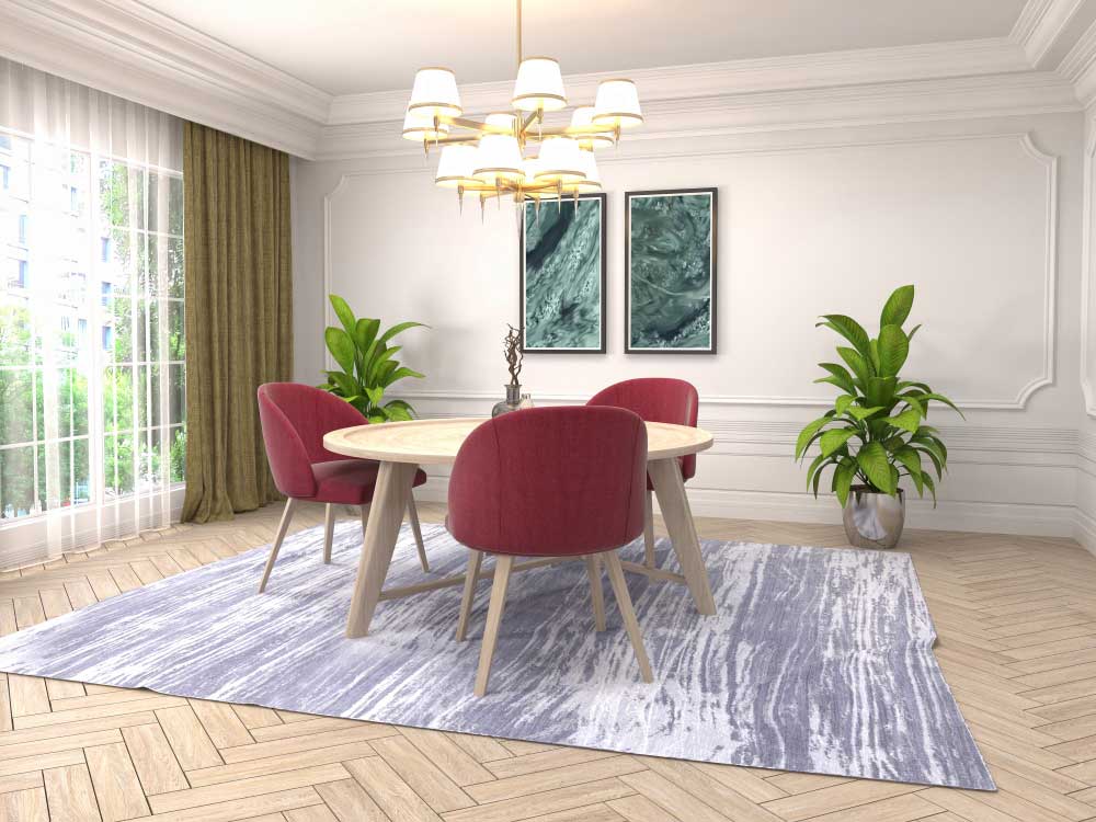 Sala de jantar moderna com mesa redonda e cadeiras vermelhas